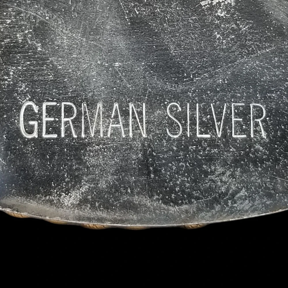Western‎ Belt Buckle German Silver Engraved Three Horses Gold Banner USA Made